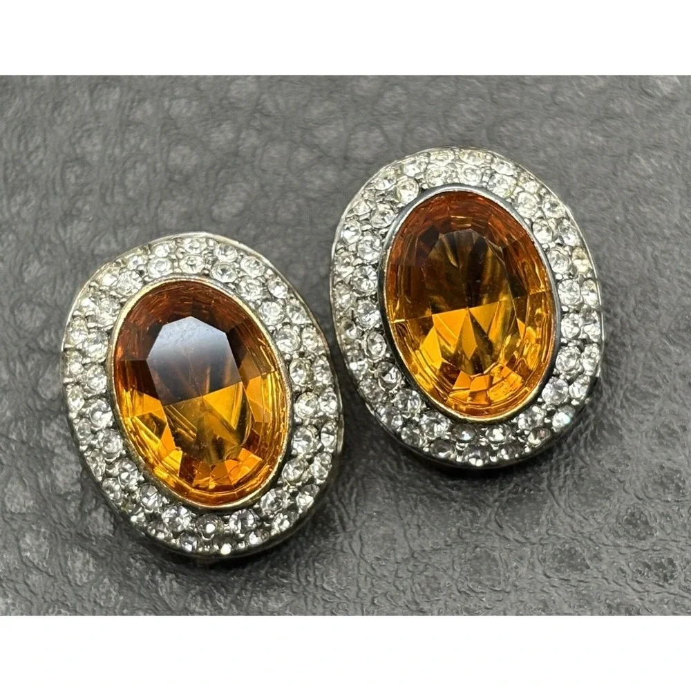 Ultima Edizione HUGE Yellow Stone 925 Sterling Silver Vintage Clip On Earrings